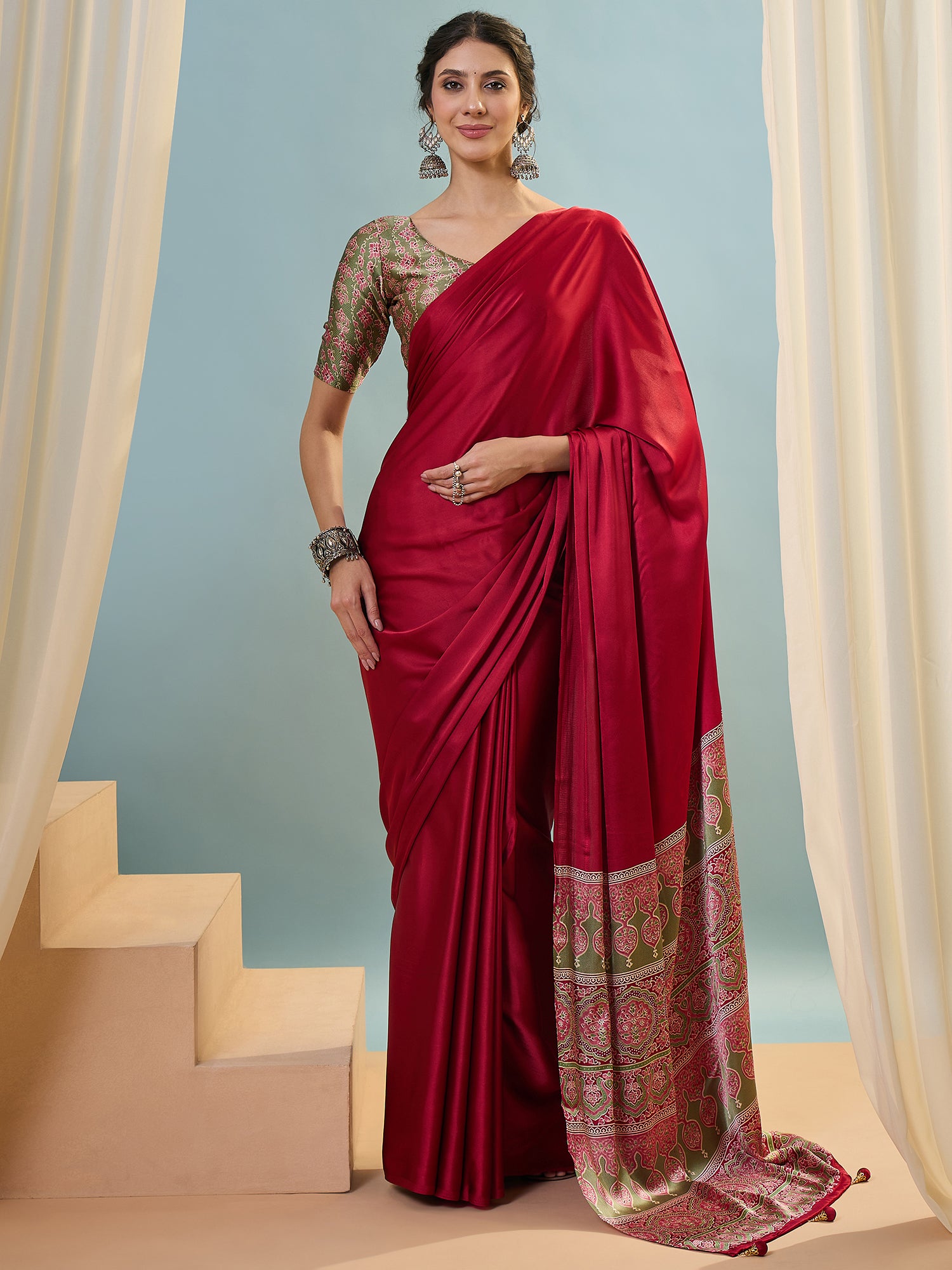 Red Crepe Silk Ready To Wear/Easy Saree - Panaash Saree