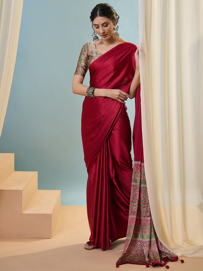 Red Crepe Silk Ready To Wear/Easy Saree - Panaash Saree