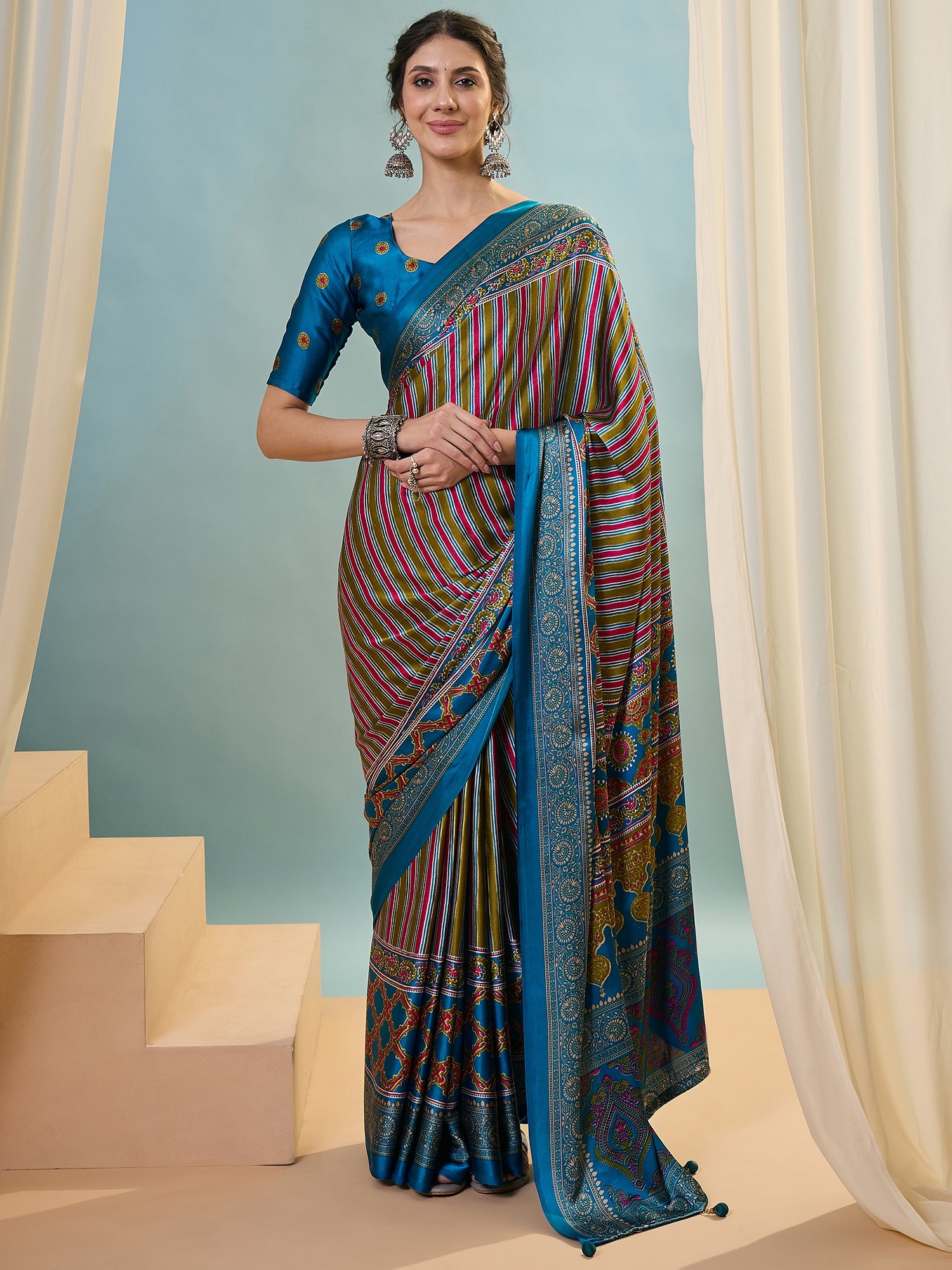 Teal Multistripe Crepe Silk Normal Drape Saree - Panaash Saree