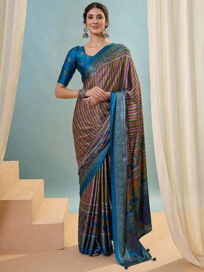 Teal Multistripe Crepe Silk Normal Drape Saree - Panaash Saree