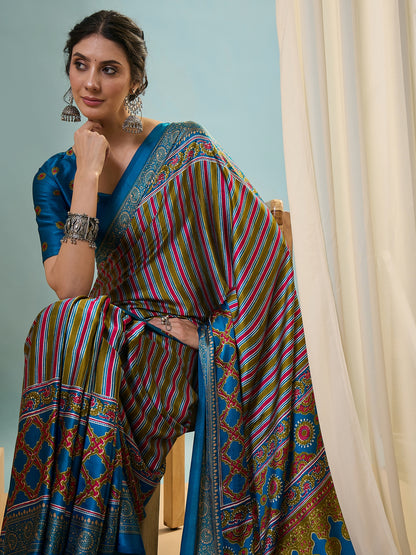 Teal Multistripe Crepe Silk Readymade/Easy Saree - Panaash Saree