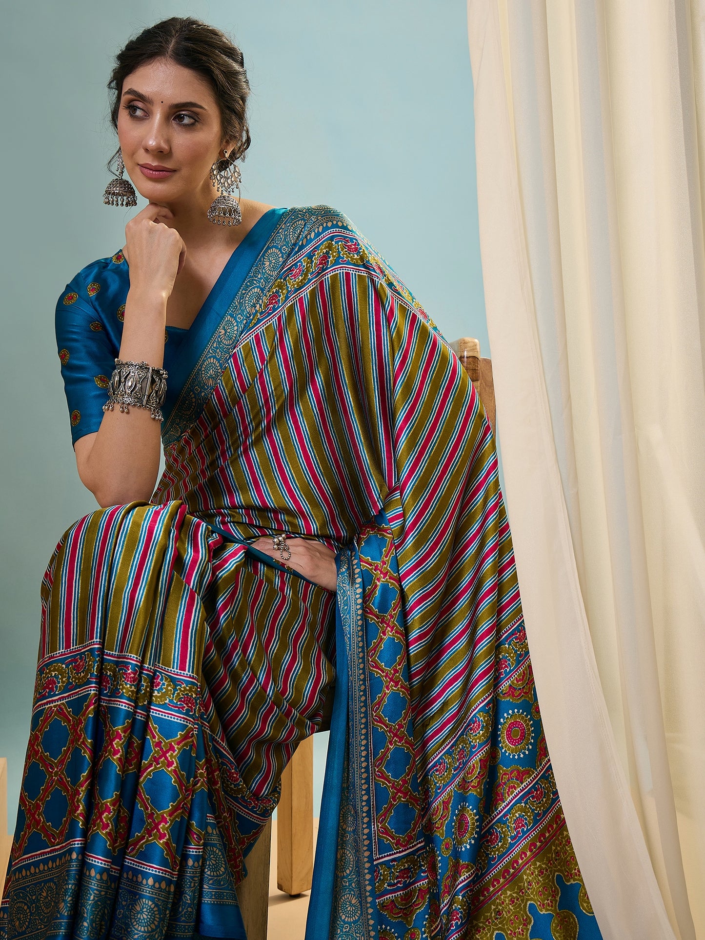 Teal Multistripe Crepe Silk Normal Drape Saree - Panaash Saree