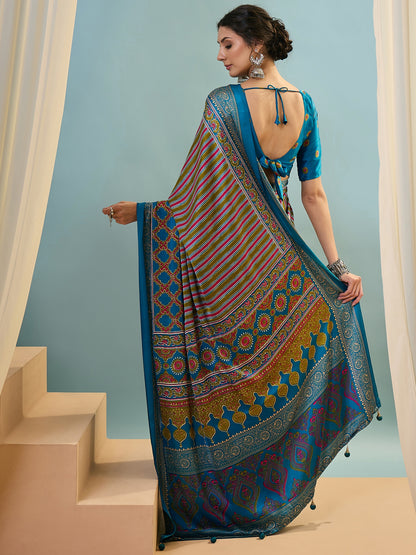 Teal Multistripe Crepe Silk Normal Drape Saree - Panaash Saree