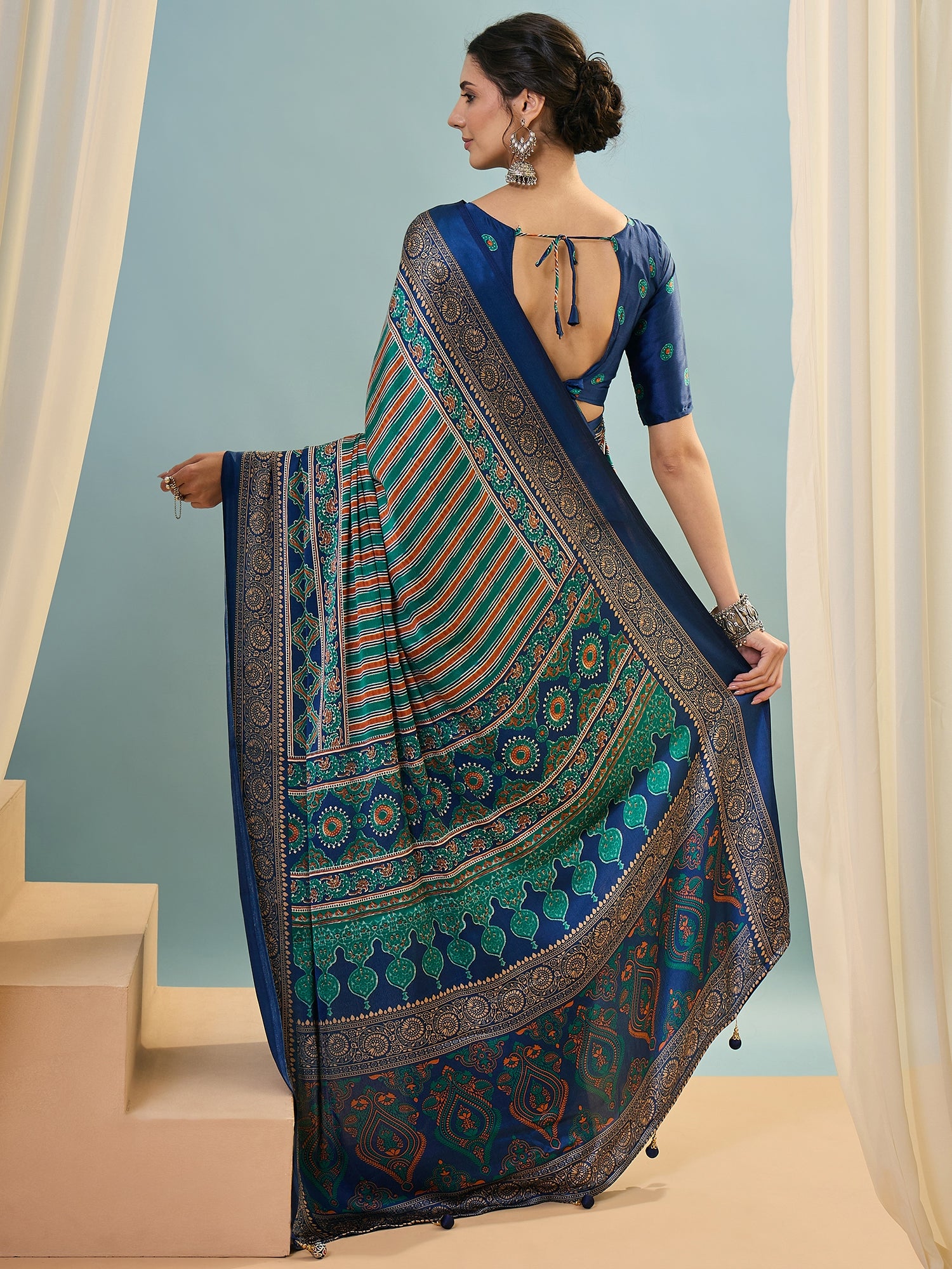 Dark Blue Multistripe Crepe Silk Readymade/Easy Saree - Panaash Saree