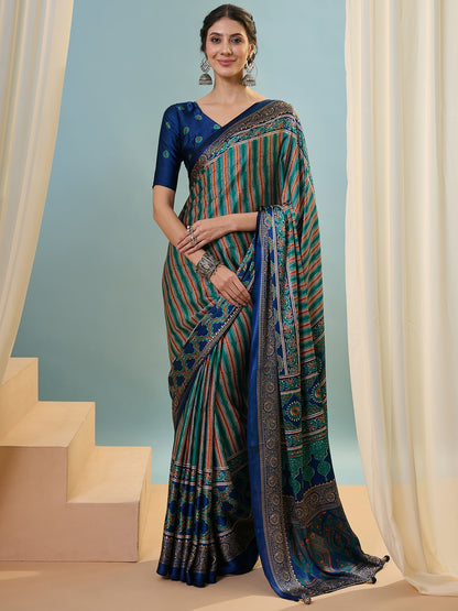 Dark Blue Multistripe Crepe Silk Readymade/Easy Saree - Panaash Saree