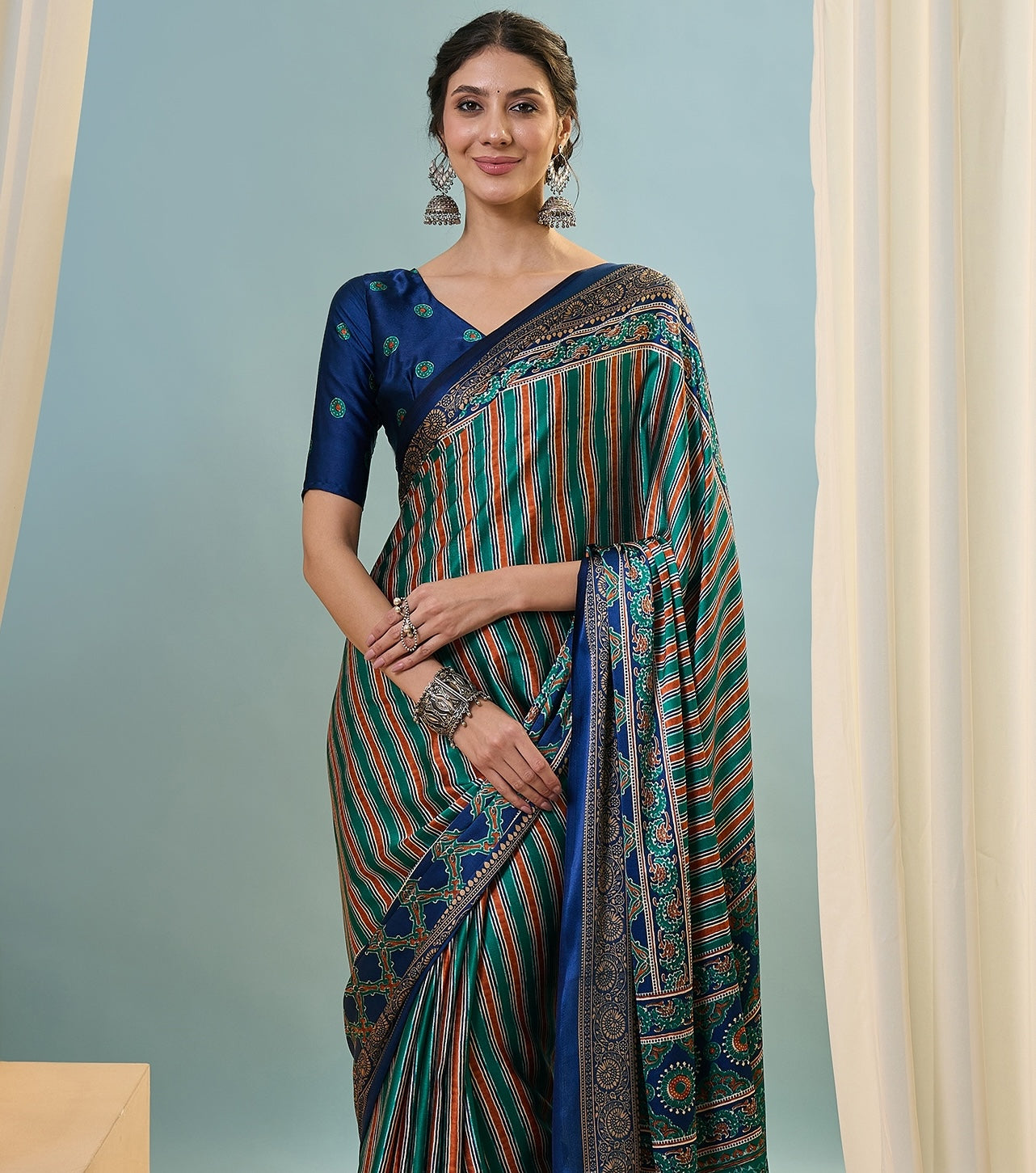 Dark Blue Multistripe Crepe Silk Normal Drape Saree - Panaash Saree