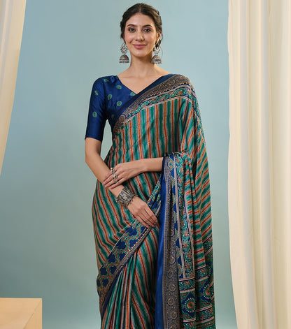 Dark Blue Multistripe Crepe Silk Readymade/Easy Saree - Panaash Saree
