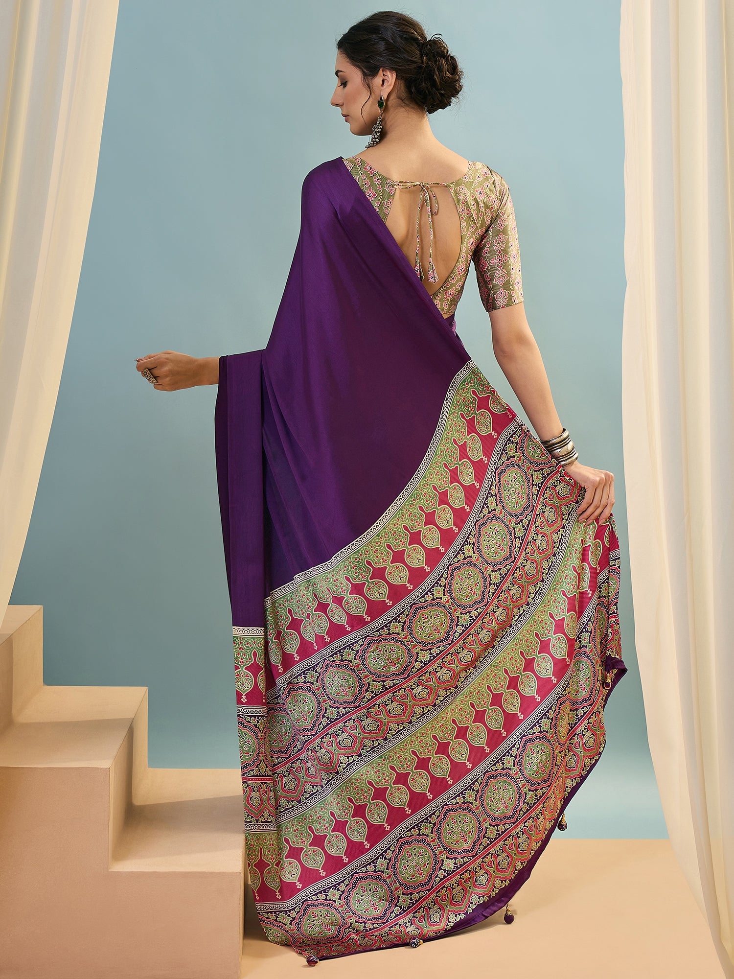 Purple Crepe Silk Ready To Wear/Easy Saree - Panaash Saree
