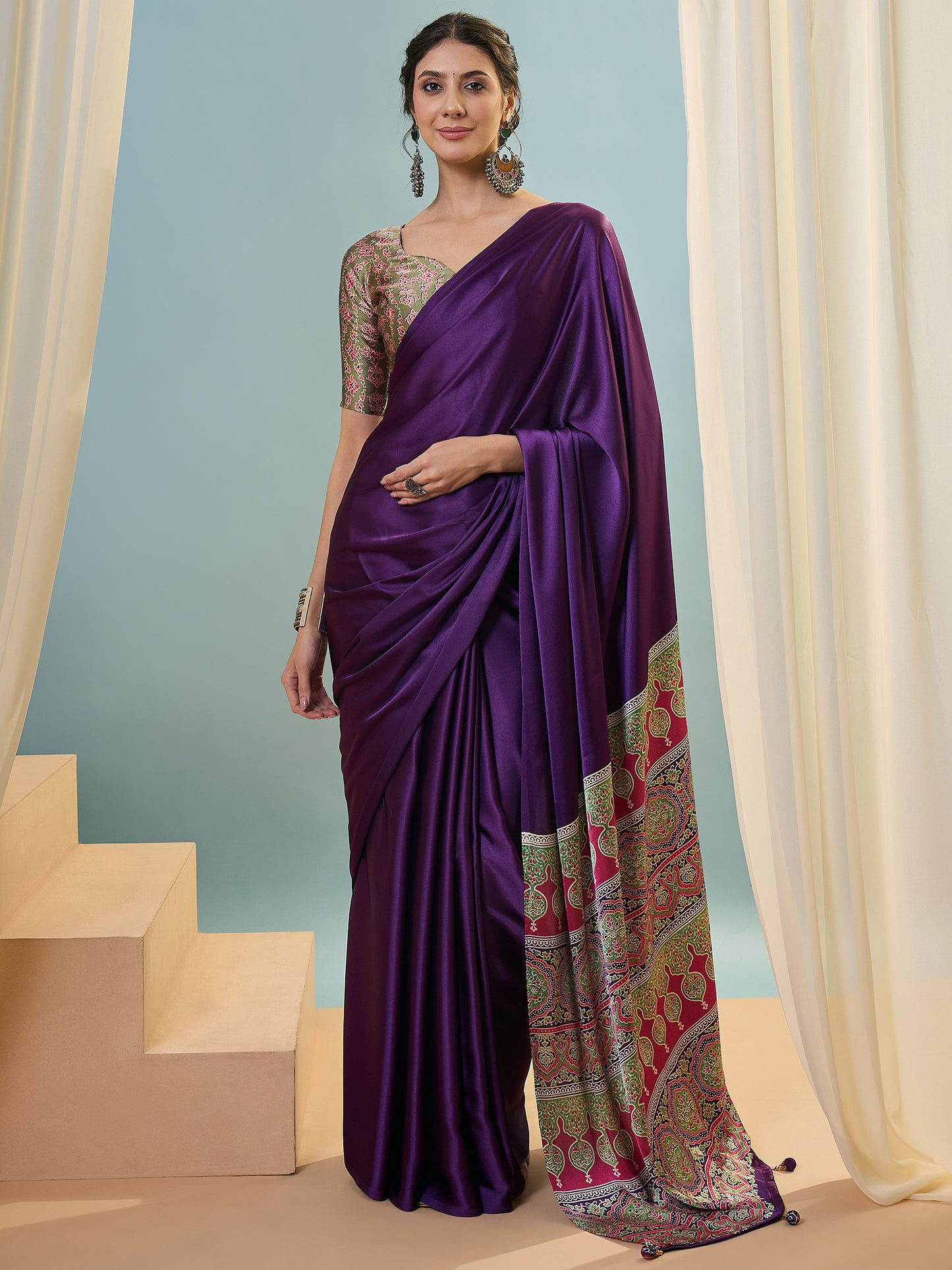 Purple Crepe Silk Ready To Wear/Easy Saree - Panaash Saree