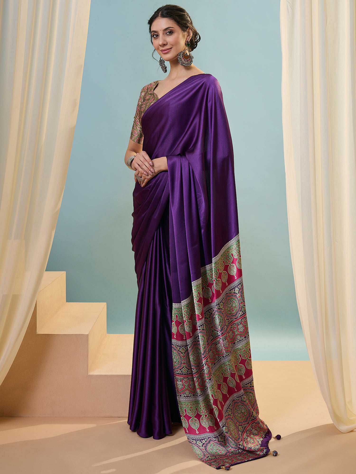 Purple Crepe Silk Ready To Wear/Easy Saree - Panaash Saree
