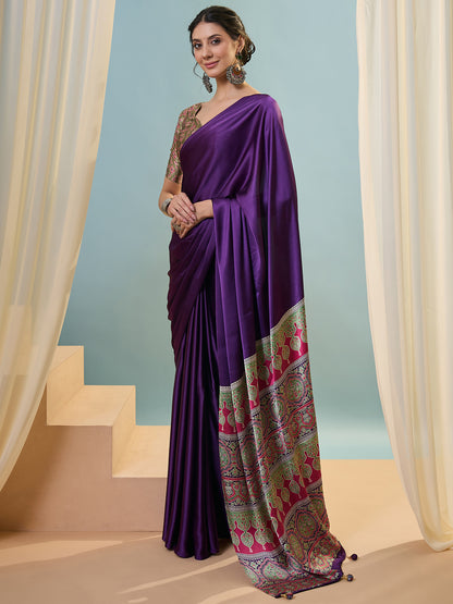 Purple Crepe Silk Ready To Wear/Easy Saree - Panaash Saree