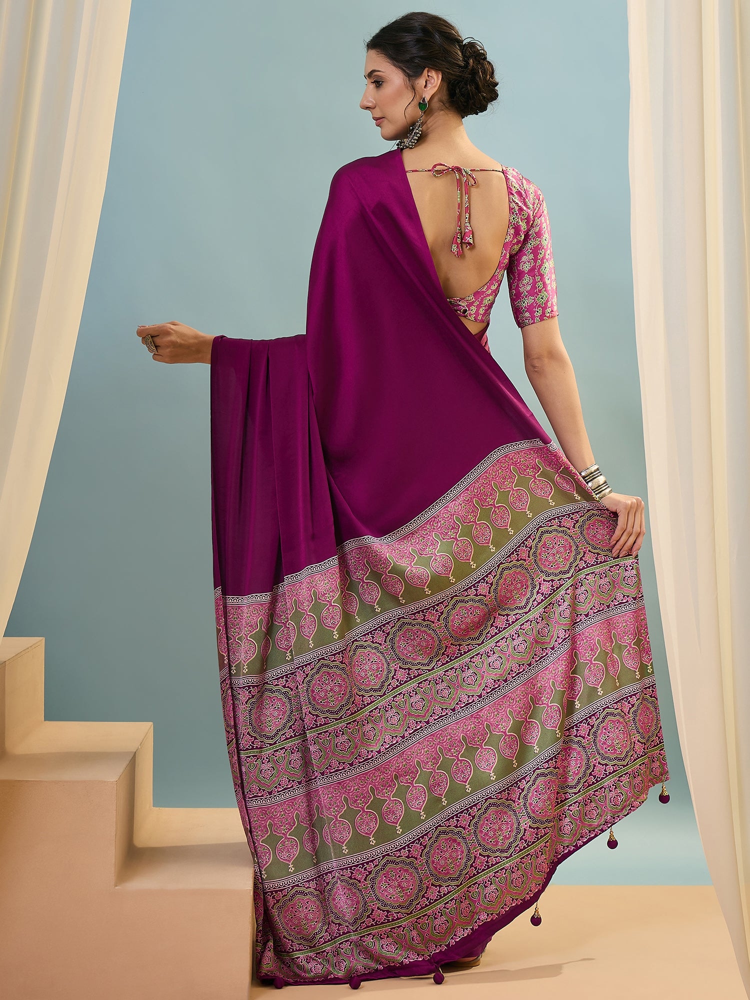Magenta Crepe Silk Ready To Wear/Easy Saree - Panaash Saree