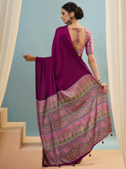Magenta Crepe Silk Ready To Wear/Easy Saree - Panaash Saree