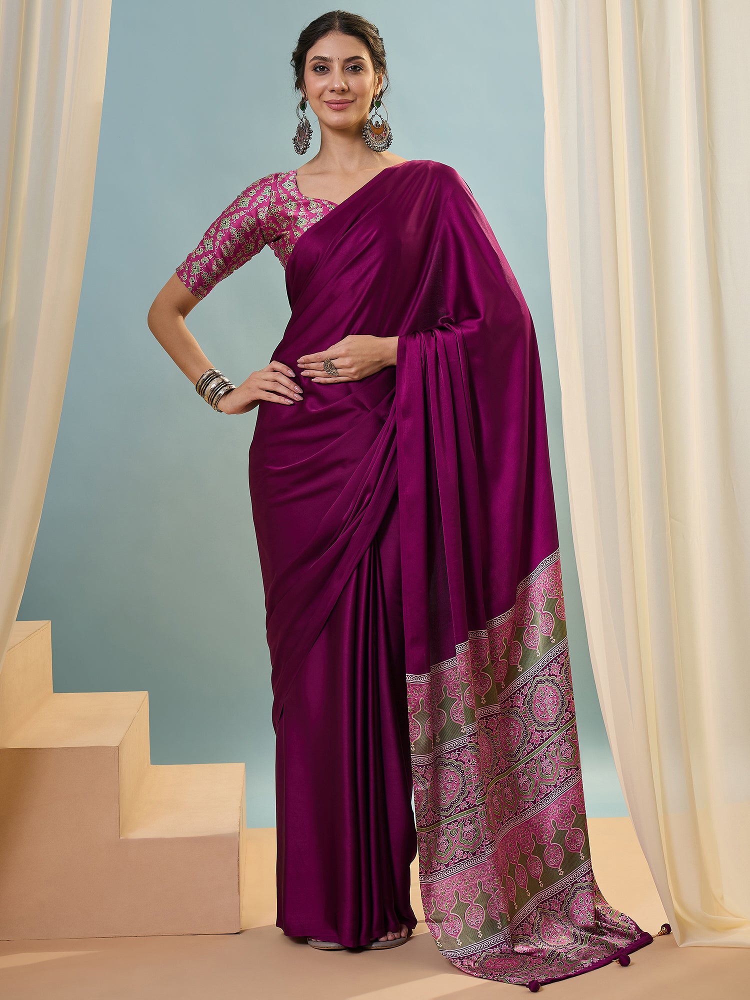 Magenta Crepe Silk Ready To Wear/Easy Saree - Panaash Saree