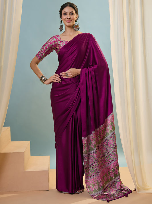Magenta Crepe Silk Ready To Wear/Easy Saree - Panaash Saree