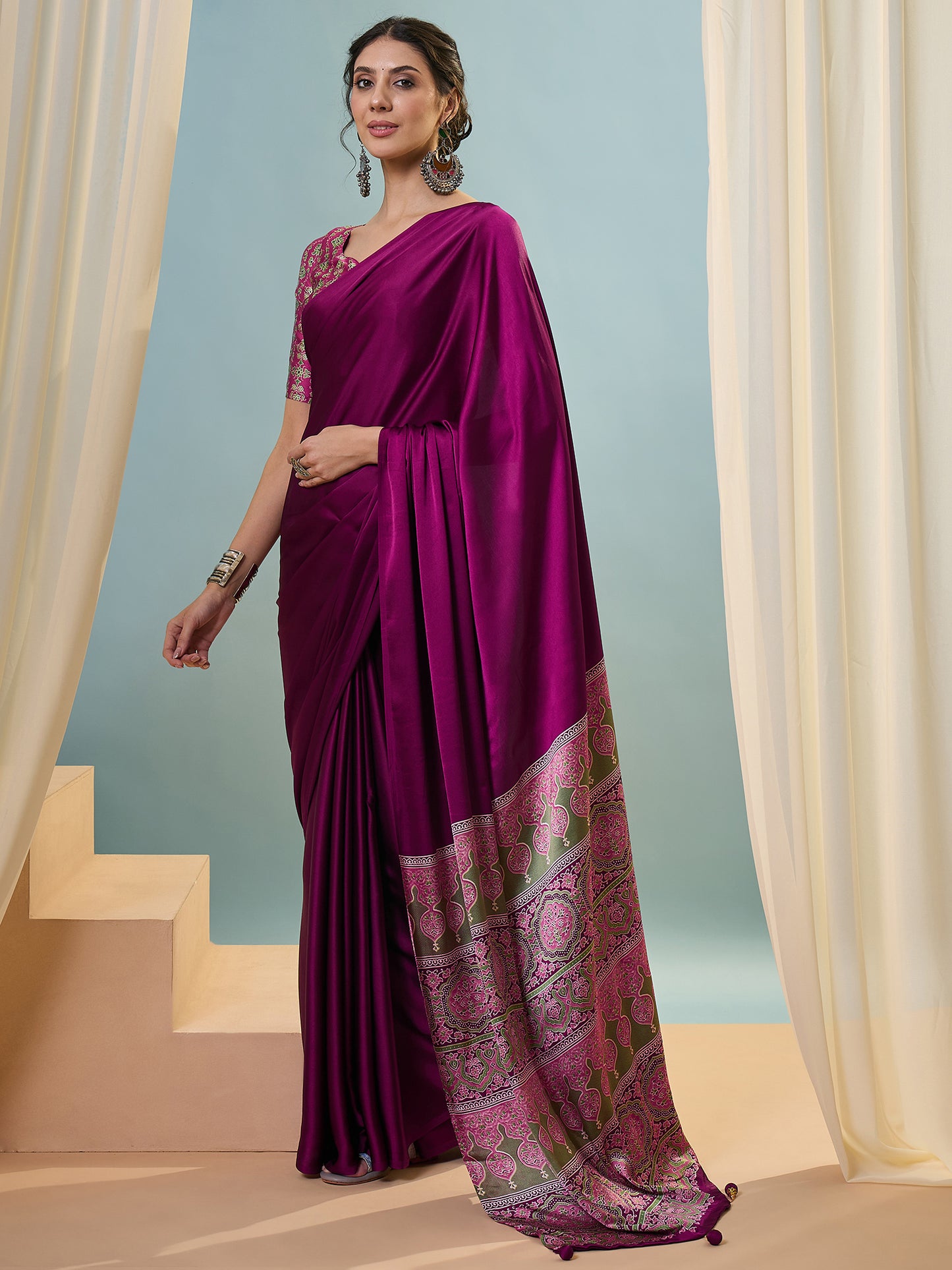 Magenta Crepe Silk Ready To Wear/Easy Saree - Panaash Saree