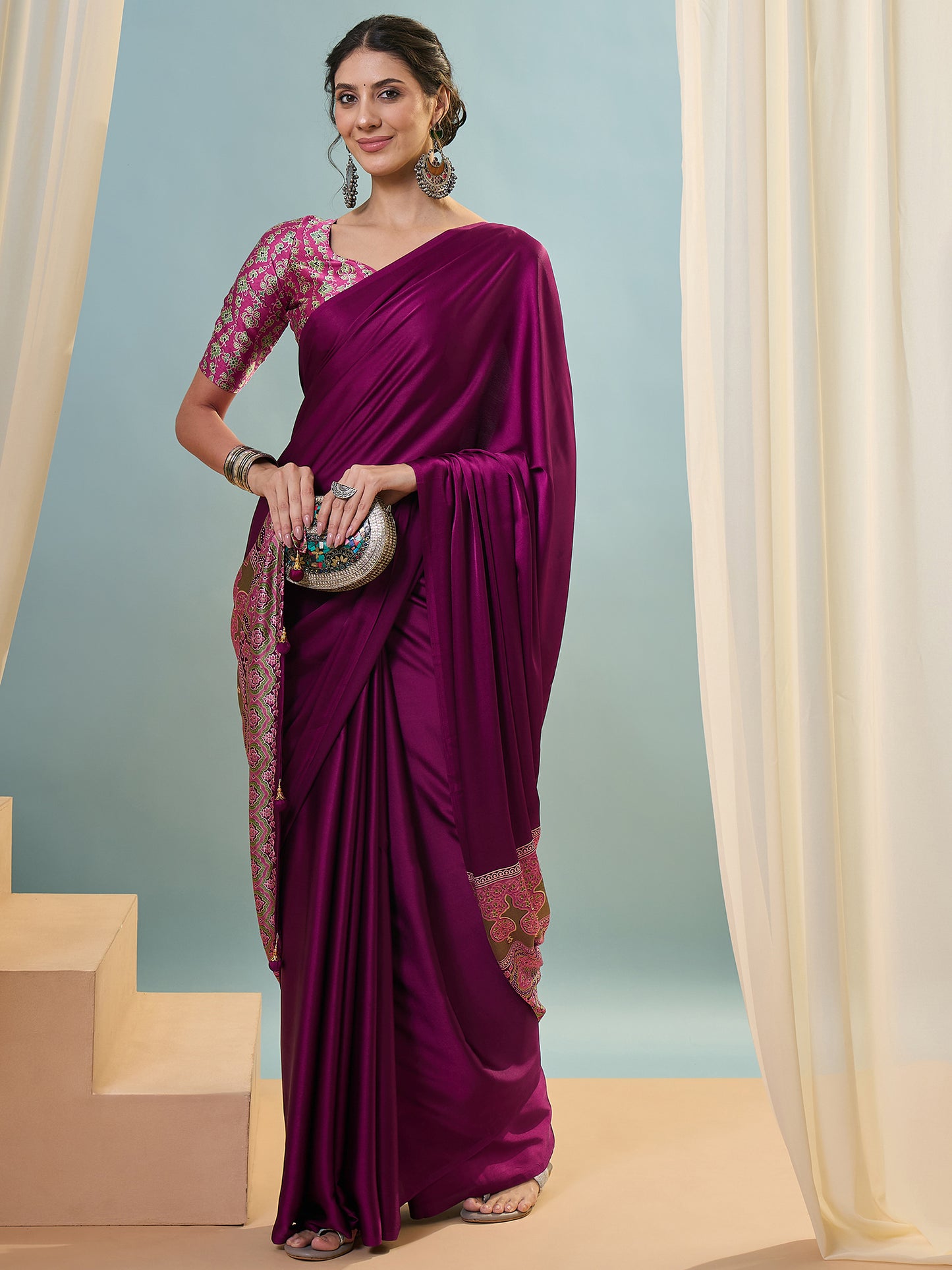 Magenta Crepe Silk Ready To Wear/Easy Saree - Panaash Saree