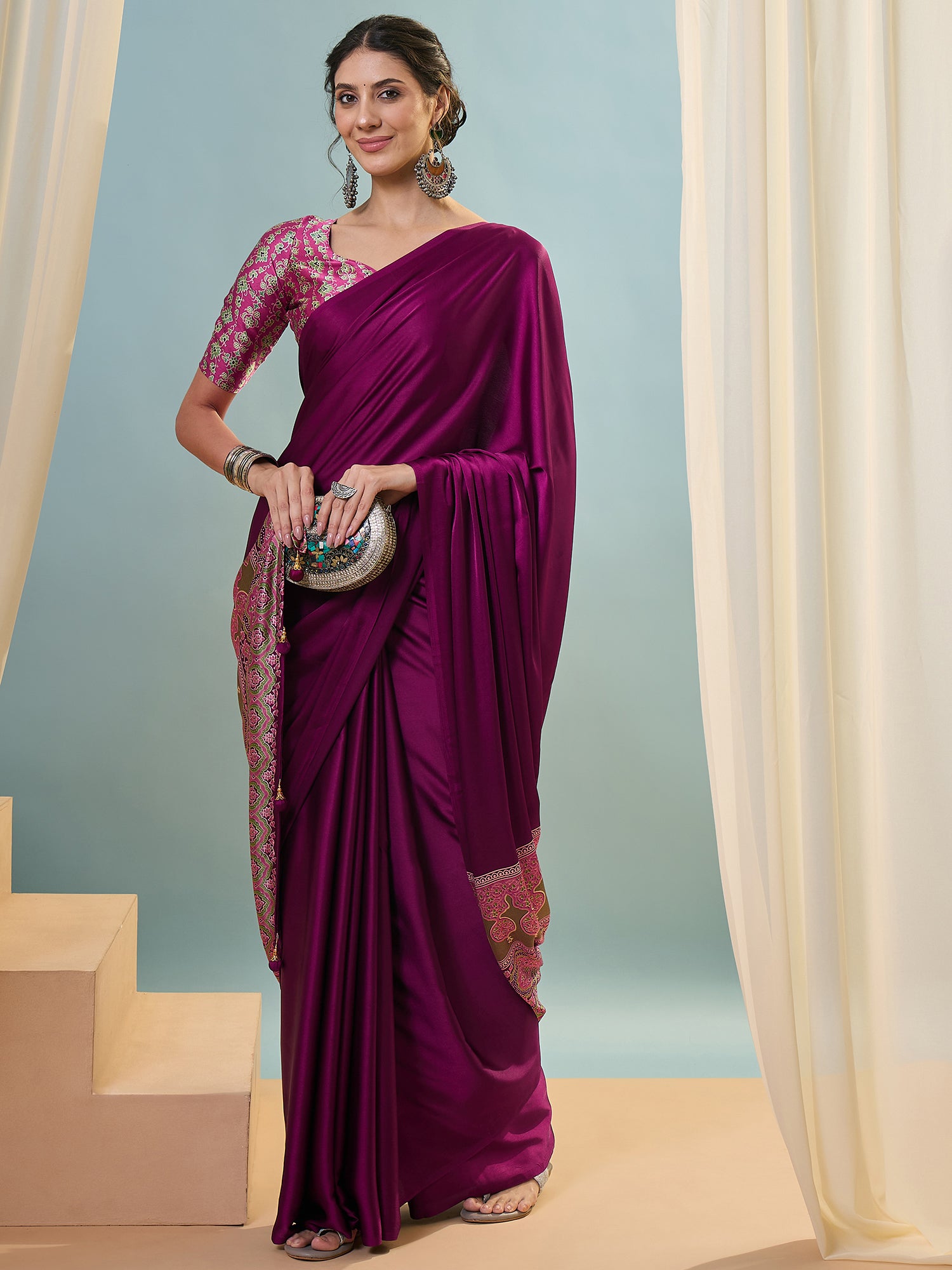 Magenta Crepe Silk Ready To Wear/Easy Saree - Panaash Saree