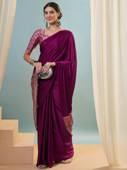 Magenta Crepe Silk Ready To Wear/Easy Saree - Panaash Saree