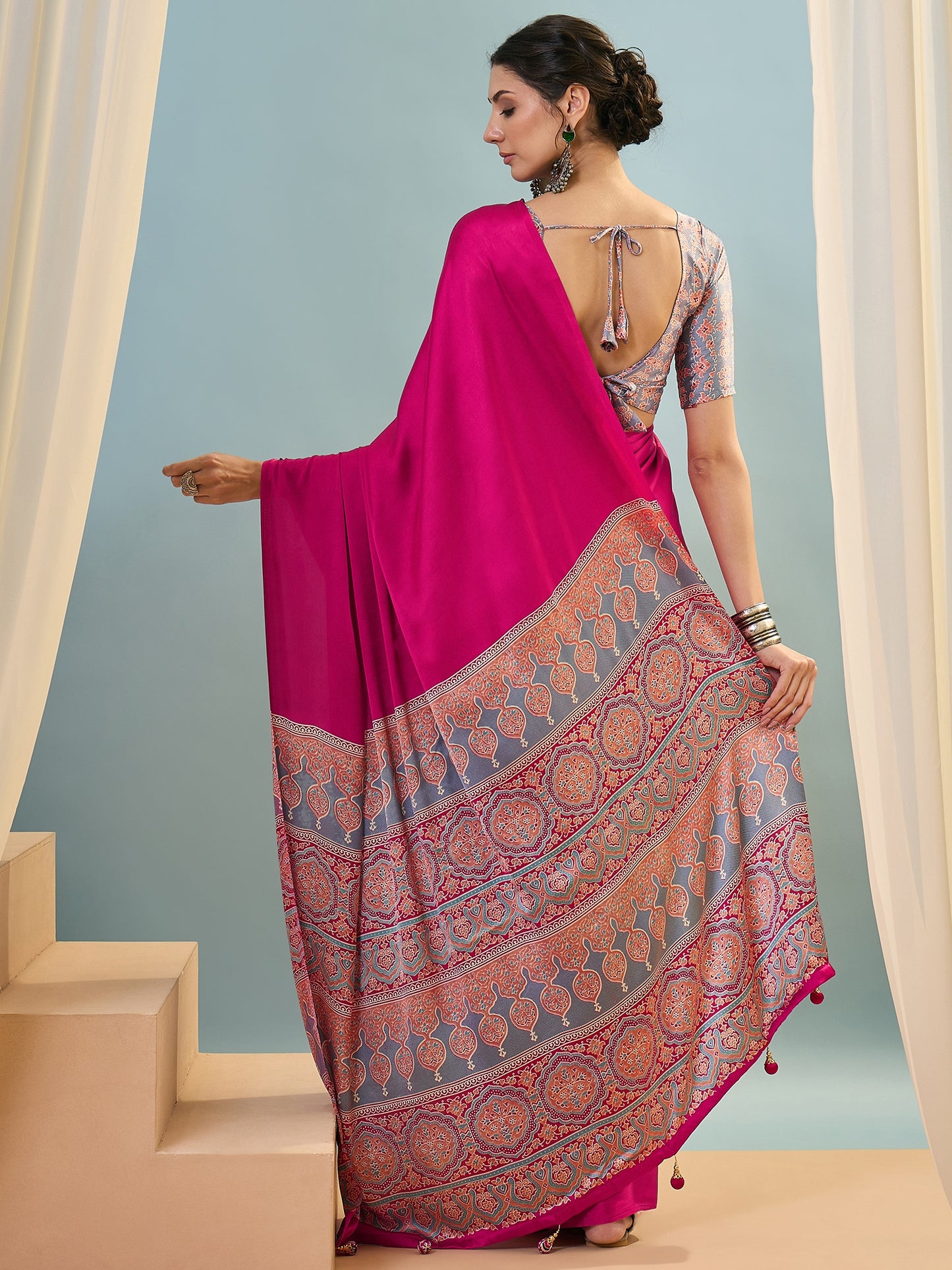 Pink Crepe Silk Ready To Wear/Easy Saree - Panaash Saree