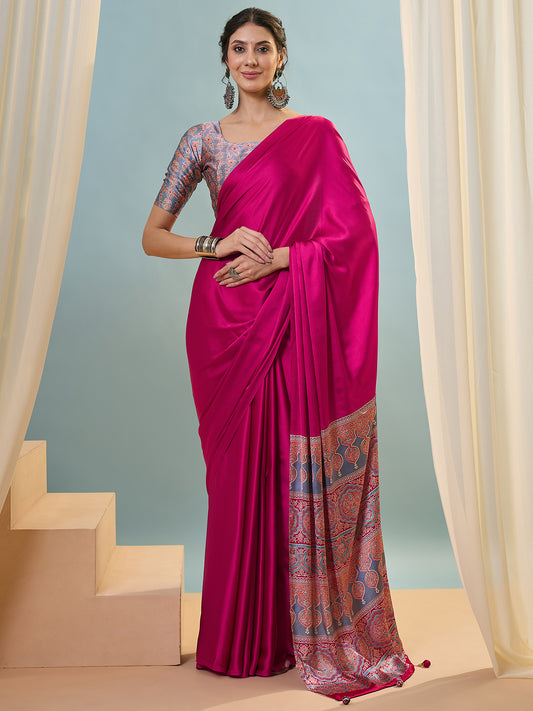Pink Crepe Silk Ready To Wear/Easy Saree - Panaash Saree
