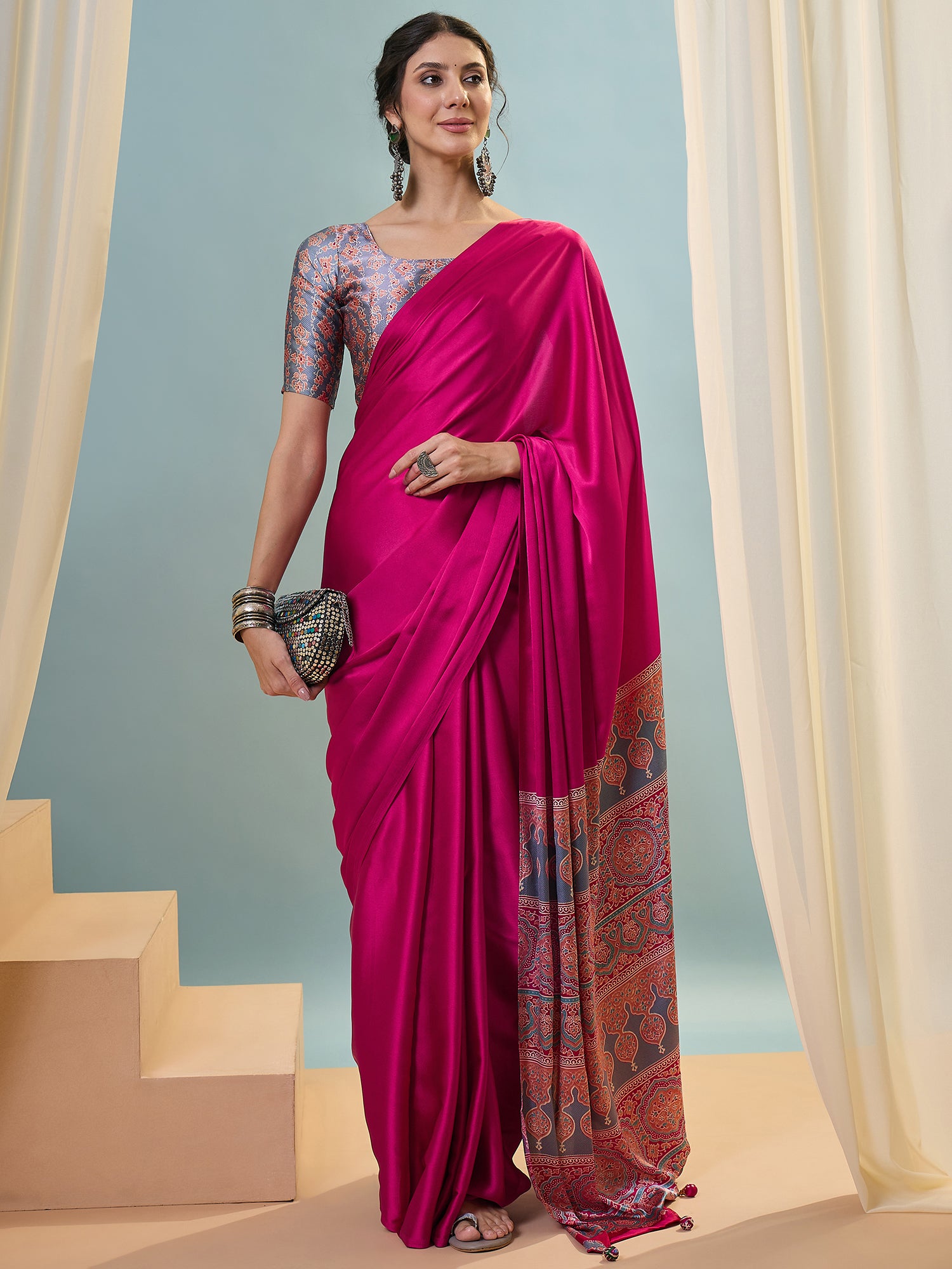 Pink Crepe Silk Ready To Wear/Easy Saree - Panaash Saree