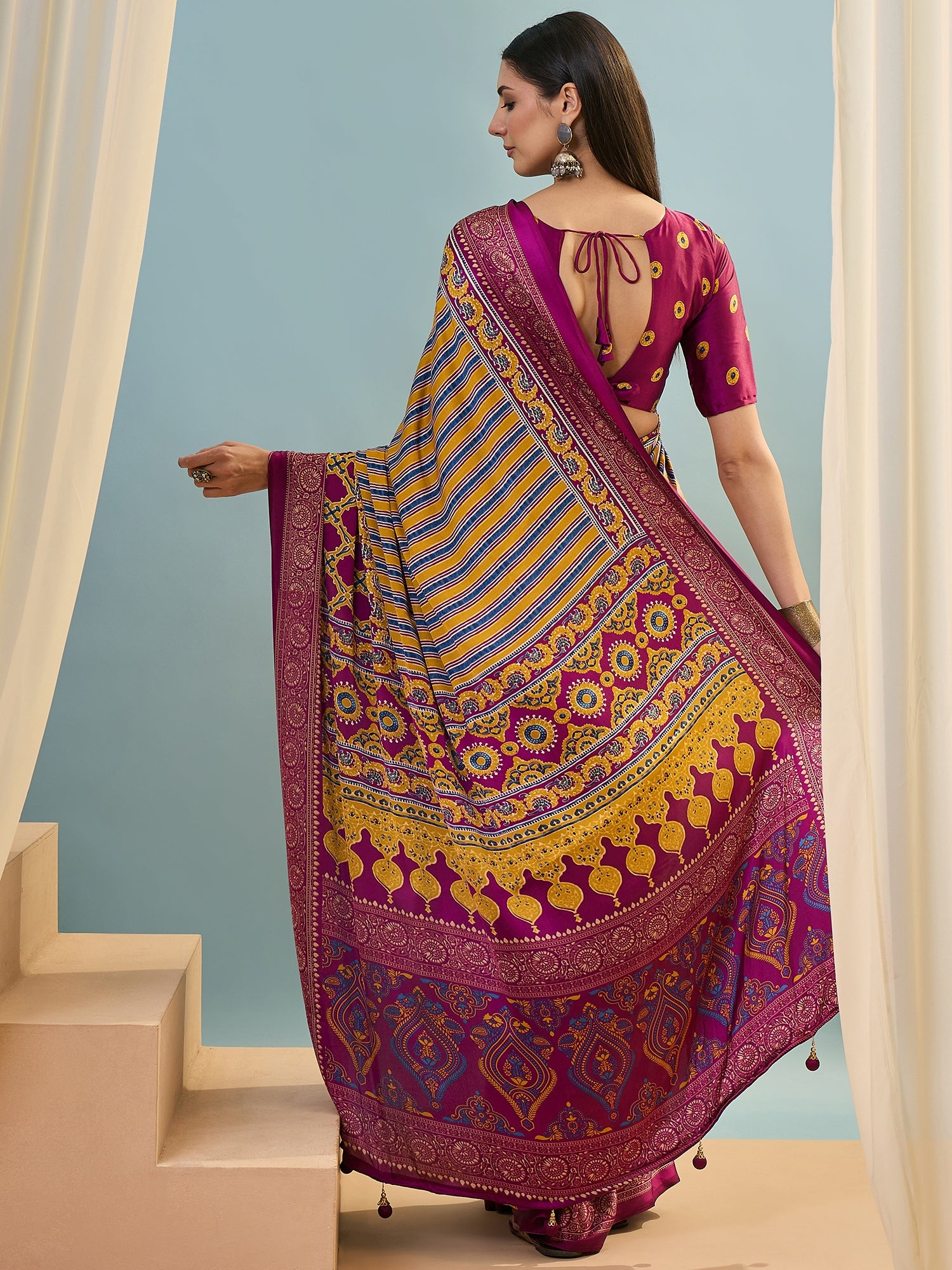 Magenta Multistripe Crepe Silk Readymade/Easy Saree - Panaash Saree