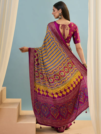 Magenta Multistripe Crepe Silk Readymade/Easy Saree - Panaash Saree