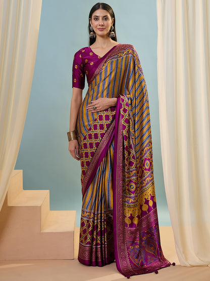 Magenta Multistripe Crepe Silk Readymade/Easy Saree - Panaash Saree