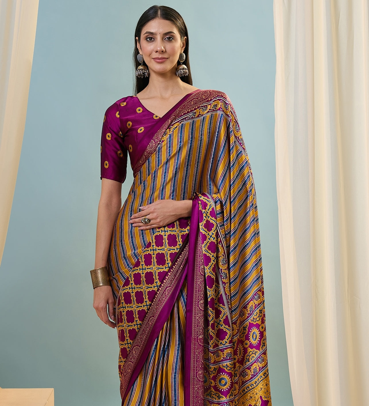 Magenta Multistripe Crepe Silk Normal Drape Saree - Panaash Saree