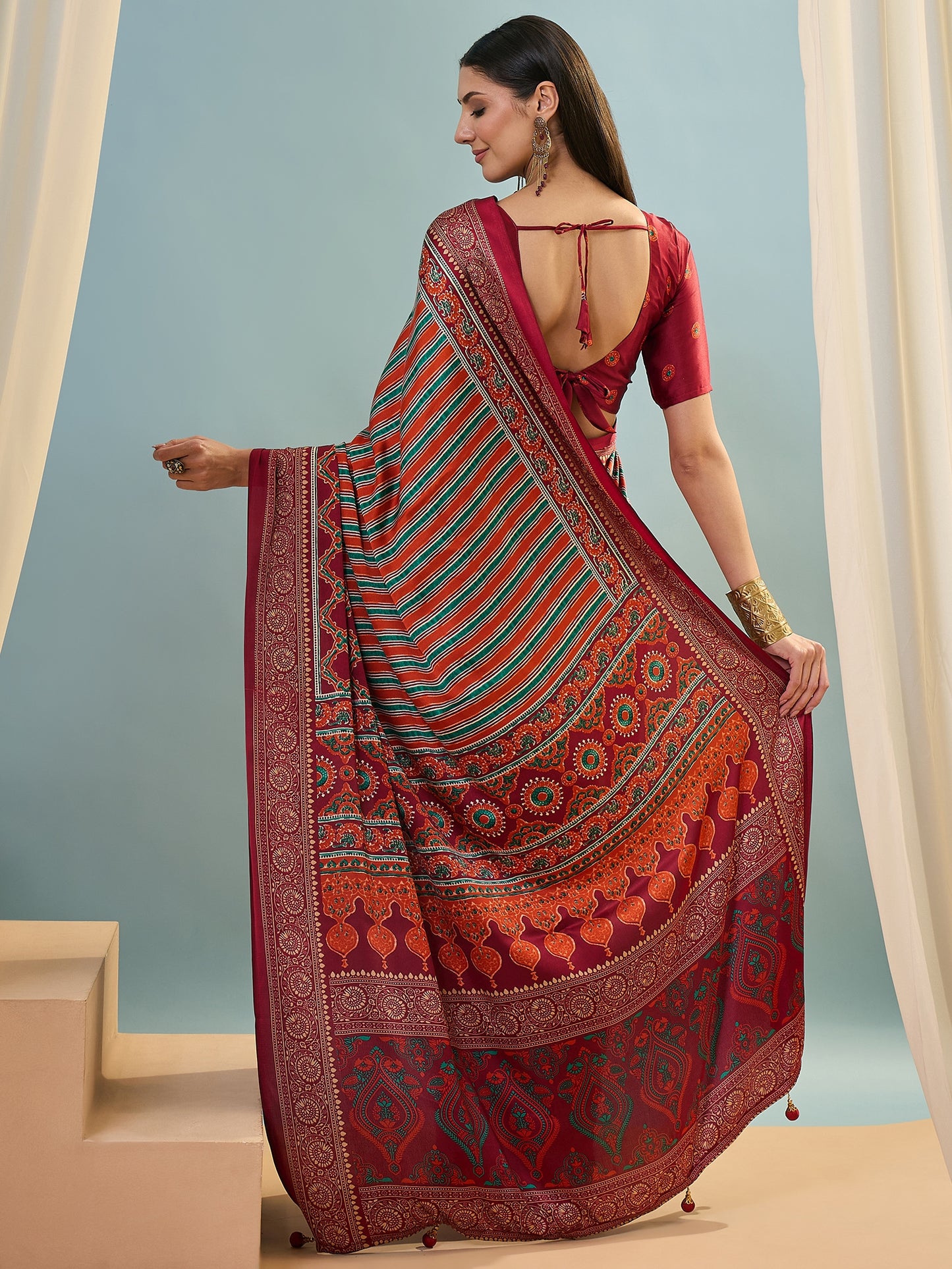 Red Multistripe Crepe Silk Normal Drape Saree - Panaash Saree