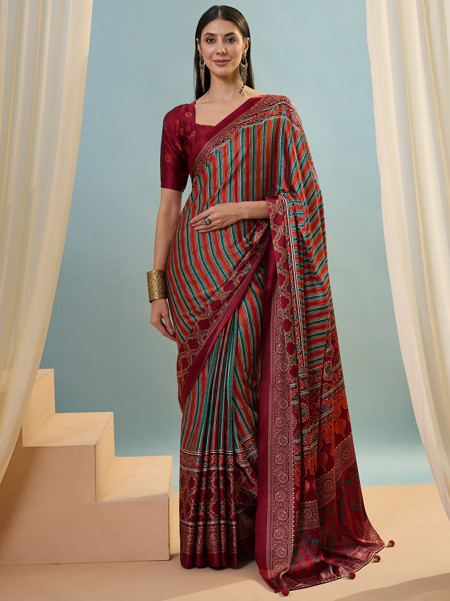Red Multistripe Crepe Silk Readymade/Easy Saree - Panaash Saree