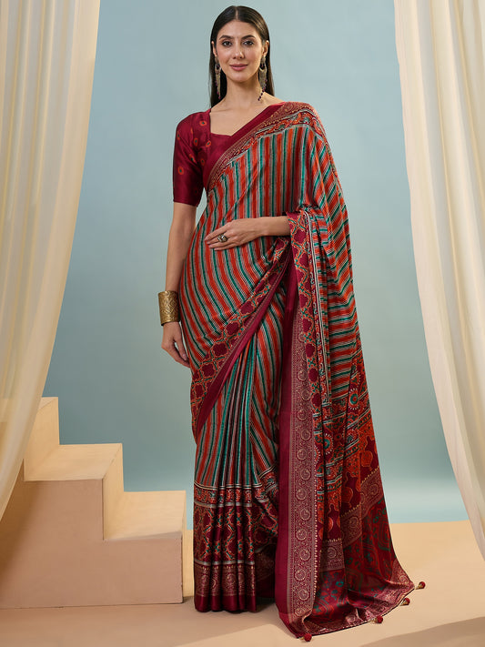 Red Multistripe Crepe Silk Normal Drape Saree - Panaash Saree