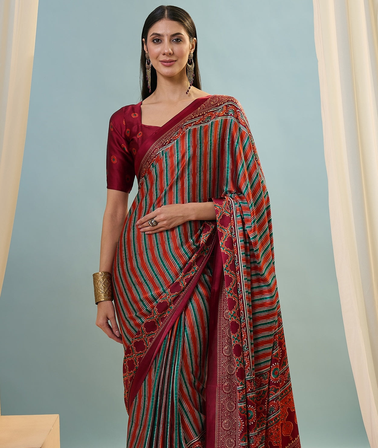 Red Multistripe Crepe Silk Normal Drape Saree - Panaash Saree