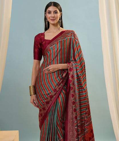 Red Multistripe Crepe Silk Normal Drape Saree - Panaash Saree