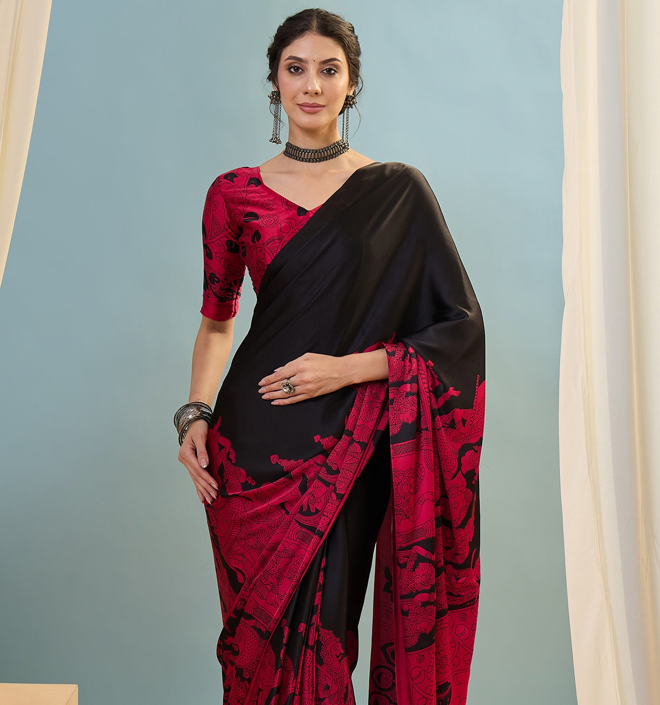 Black & Red Crepe Silk Readymade/Easy Saree - Panaash Saree