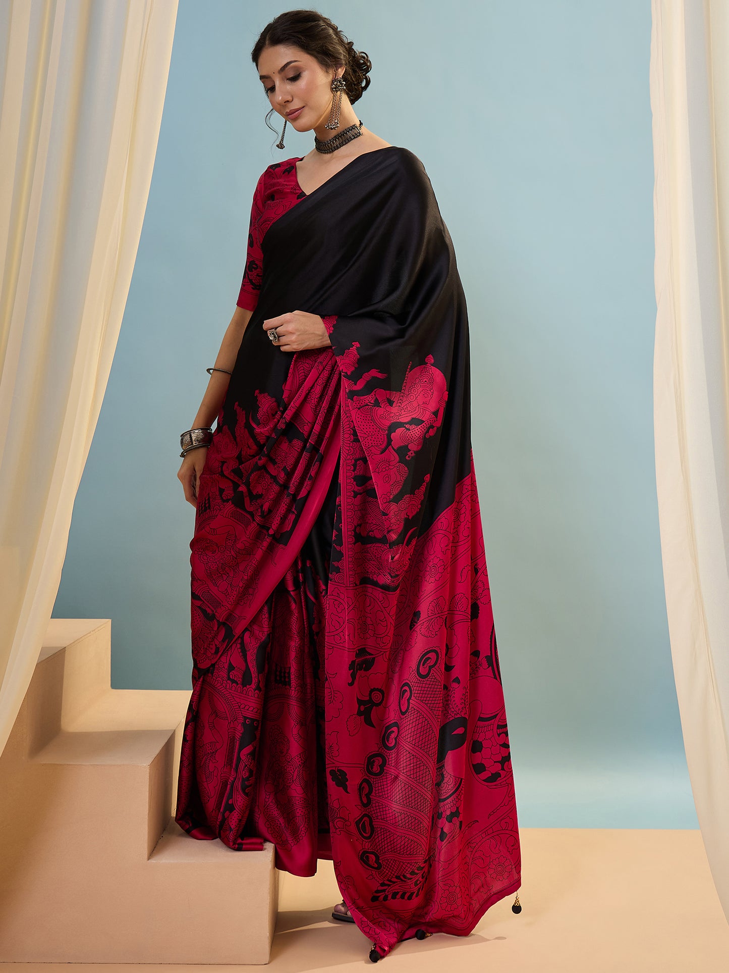 Black & Red Crepe Silk Normal Drape Saree - Panaash Saree