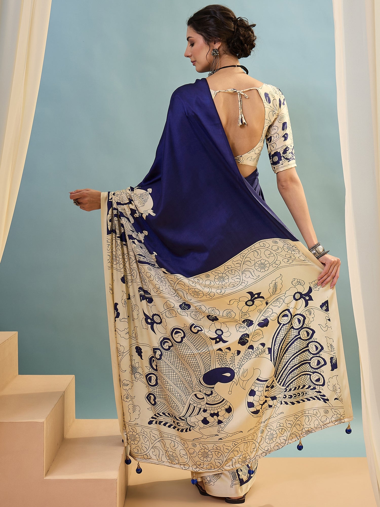 Navy Blue & Beige Crepe Silk Readymade/Easy Saree - Panaash Saree