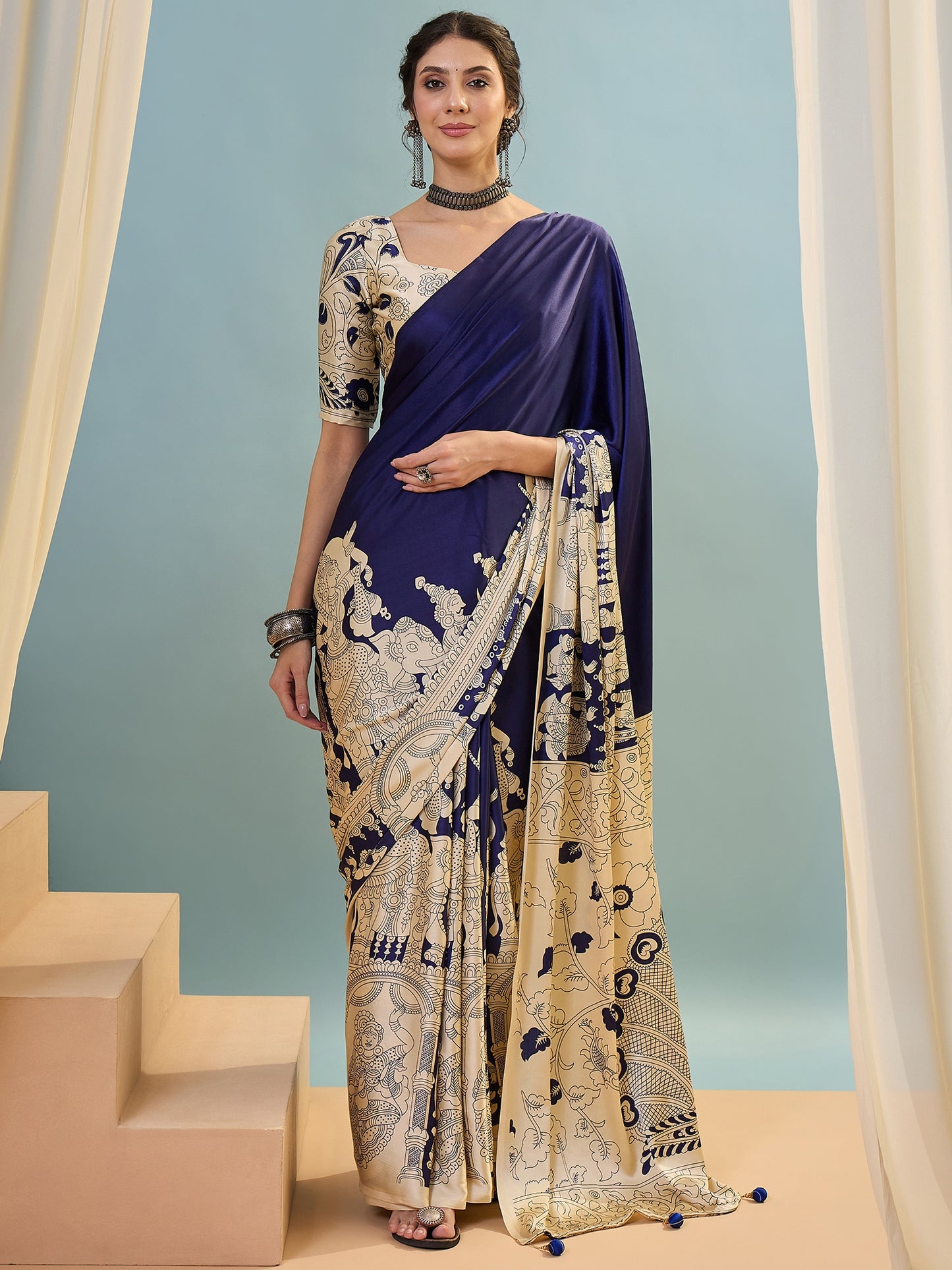 Navy Blue & Beige Crepe Silk Readymade/Easy Saree - Panaash Saree