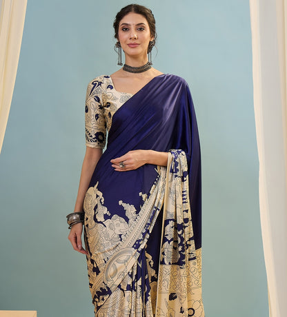 Navy Blue & Beige Crepe Silk Normal Drape Saree - Panaash Saree