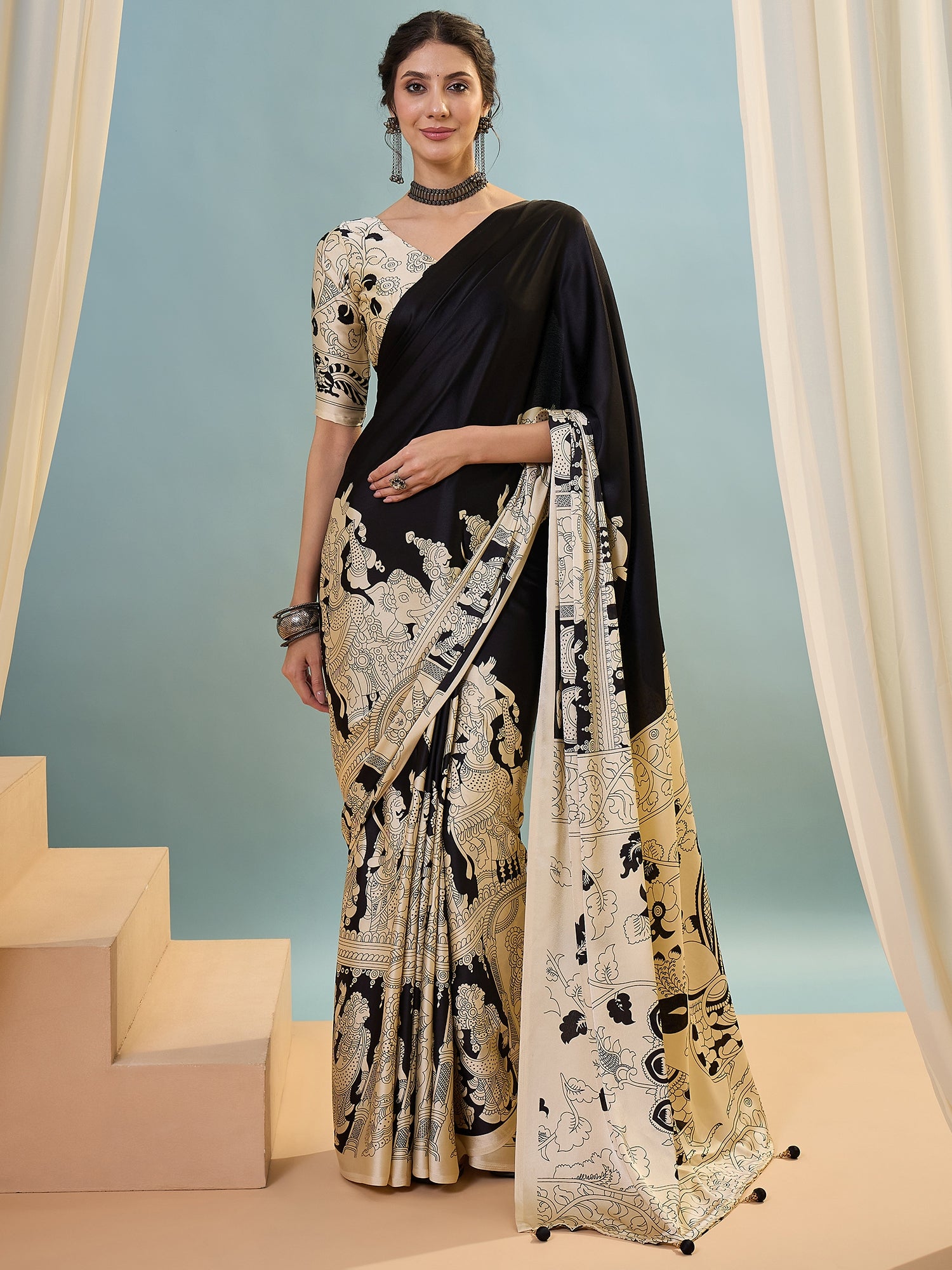 Black & Beige Crepe Silk Readymade/Easy Saree - Panaash Saree