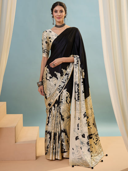 Black & Beige Crepe Silk Readymade/Easy Saree - Panaash Saree