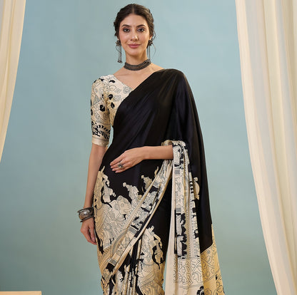 Black & Beige Crepe Silk Normal Drape Saree - Panaash Saree