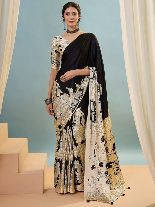 Black & Beige Crepe Silk Normal Drape Saree - Panaash Saree