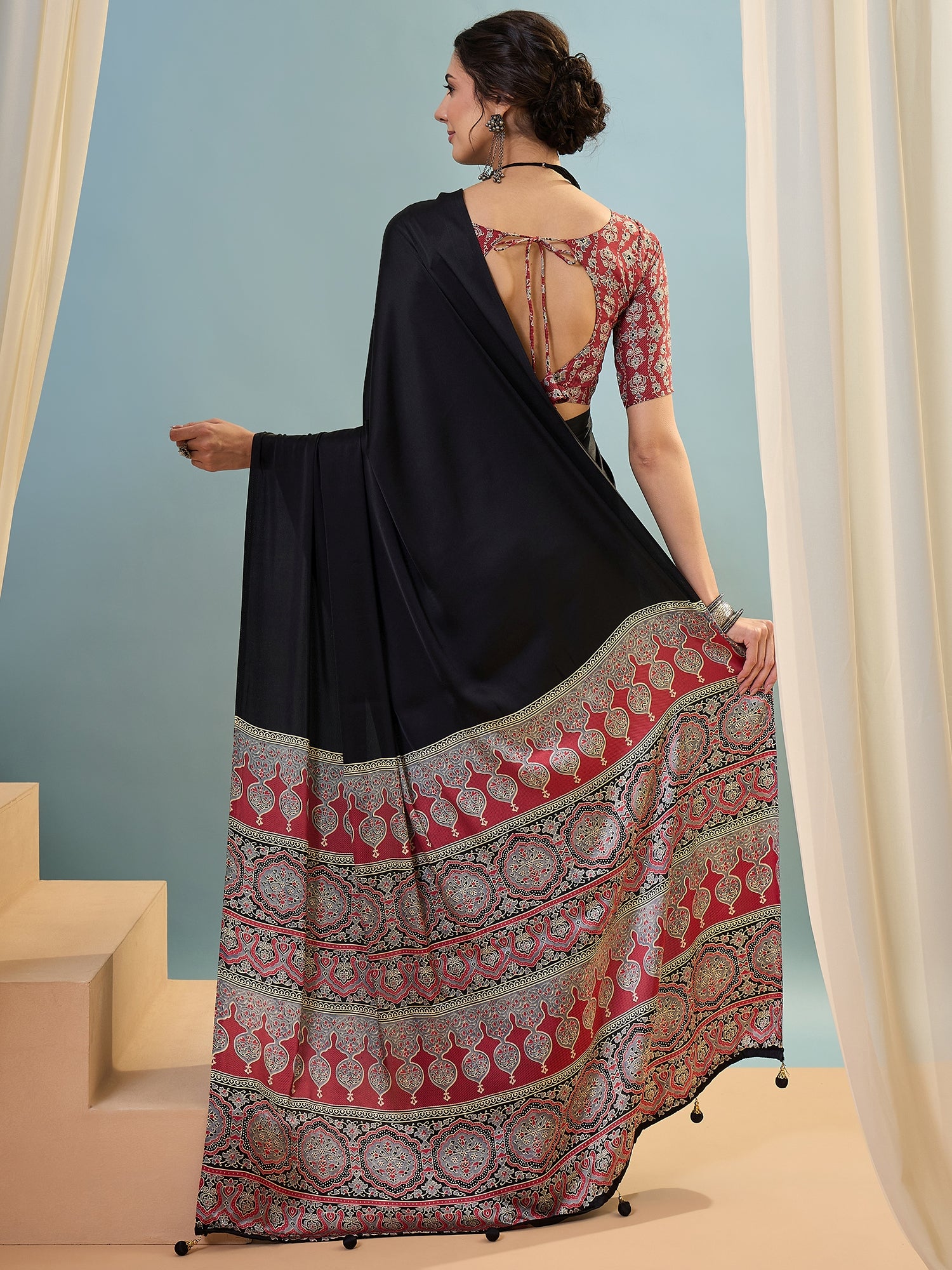 Black Crepe Silk Ready To Wear/Easy Saree - Panaash Saree