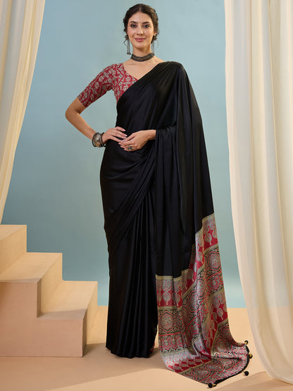 Black Crepe Silk Ready To Wear/Easy Saree - Panaash Saree