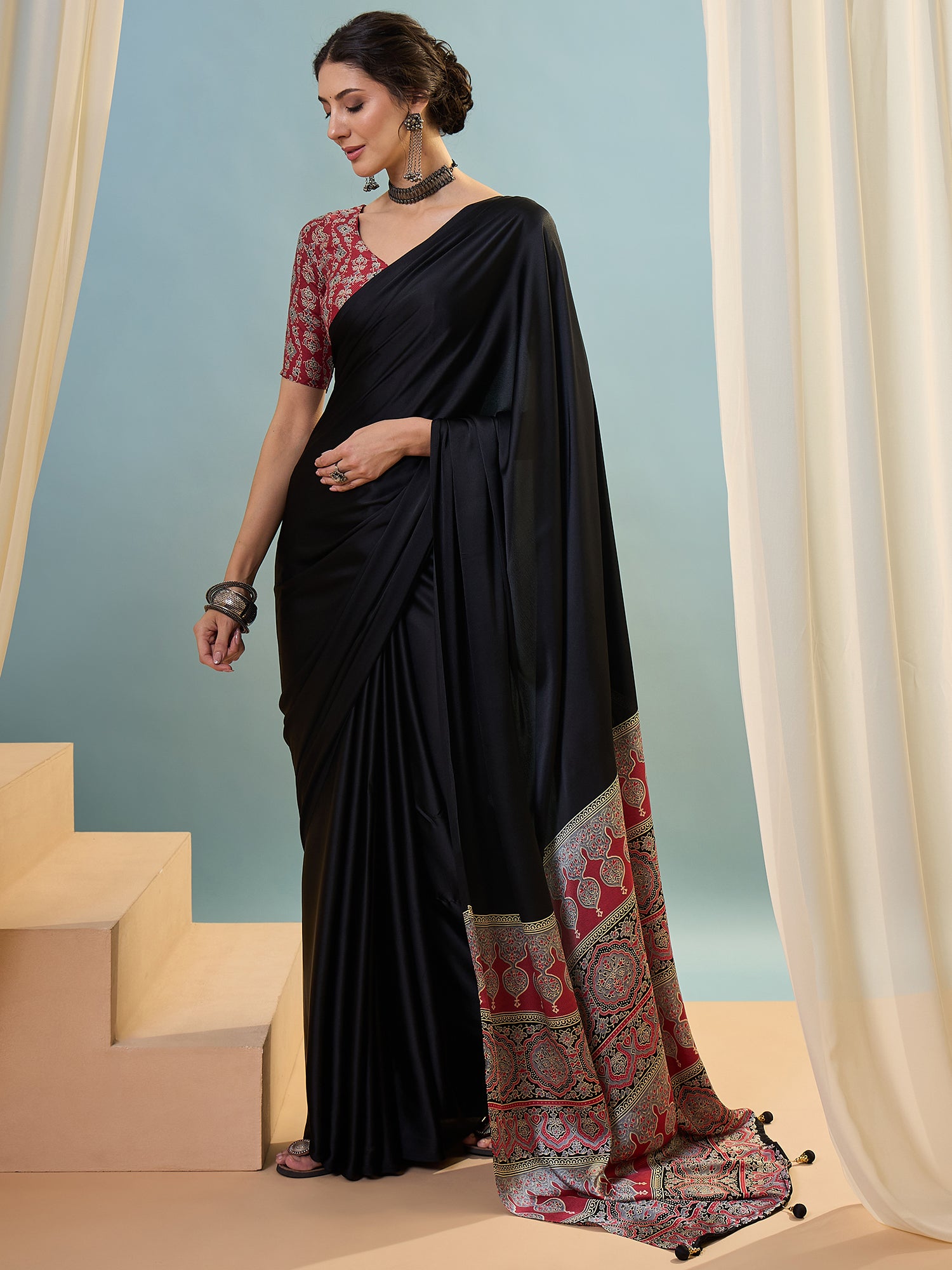 Black Crepe Silk Ready To Wear/Easy Saree - Panaash Saree
