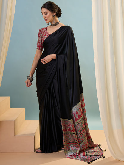 Black Crepe Silk Ready To Wear/Easy Saree - Panaash Saree