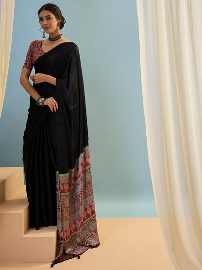 Black Crepe Silk Ready To Wear/Easy Saree - Panaash Saree