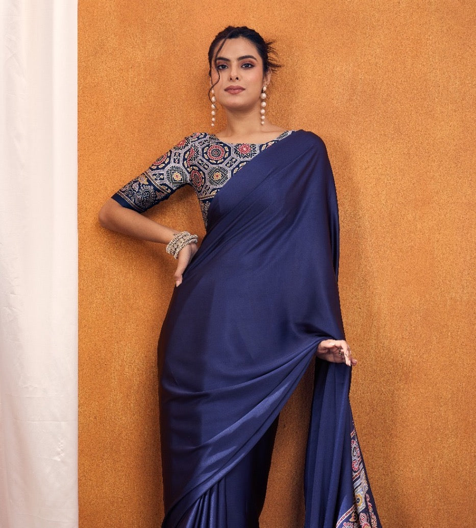 Plain Blue – Readymade Ajrakh Saree